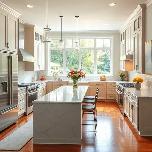 Modern kitchen remodel in Masonboro NC features stainless steel appliances, custom cabinetry, and elegant marble countertops.
