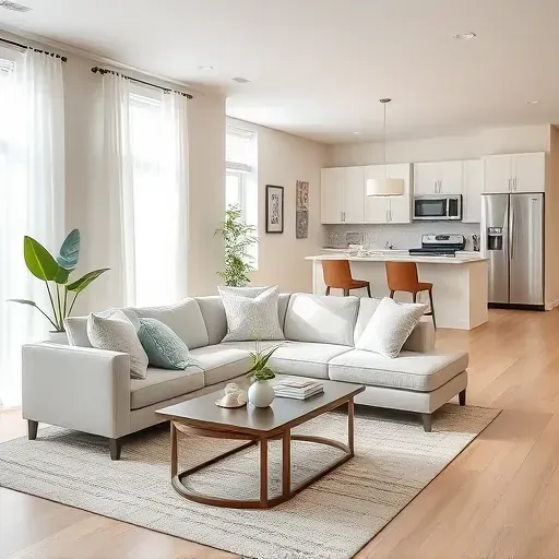 Remodeled living room in Wilmington Beach NC featuring contemporary furnishings, coastal decor, and natural light.