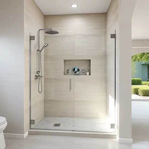 Newly installed modern walk-in shower in Hampstead NC with large porcelain tiles, frameless glass, chrome fixtures, and lush backyard view