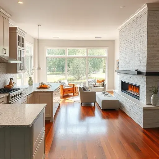 Modern kitchen and living area in Castle Hayne, NC, featuring sleek granite countertops, stainless appliances, and cozy decor.