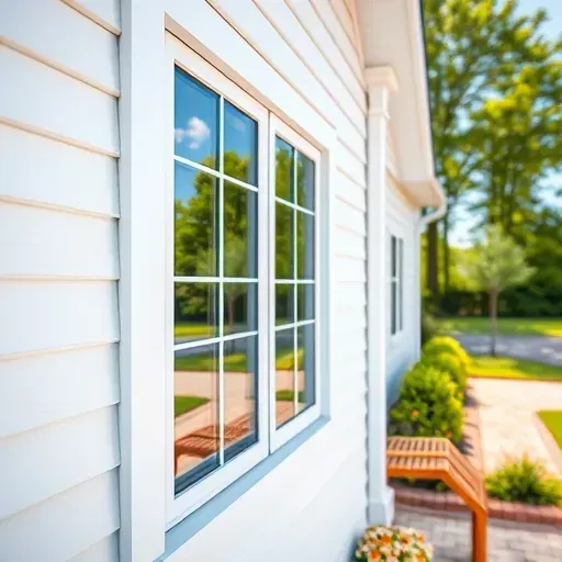 Modern double-pane window with sleek frames reflecting sky and greenery on a well-maintained white siding house in Hampstead NC