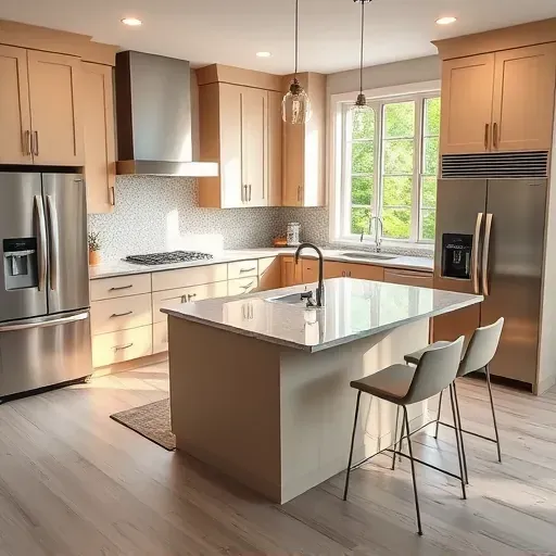 Modern Hampstead kitchen with matte cabinetry granite countertops stainless steel appliances and lush greenery outside