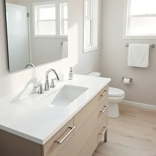 Recently installed marble bathroom countertop in Hampstead NC with modern fixtures, large mirror, plush towels, and polished tiles