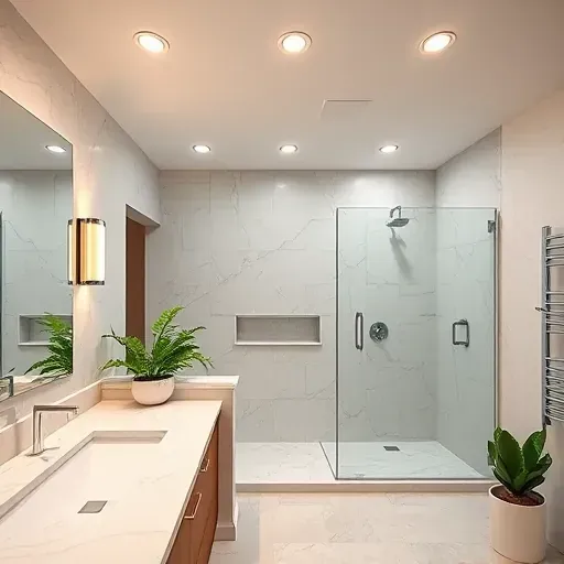 Recently completed modern bathroom in Hampstead NC featuring sleek LED recessed lighting, marble countertops, glass shower, and lush greenery
