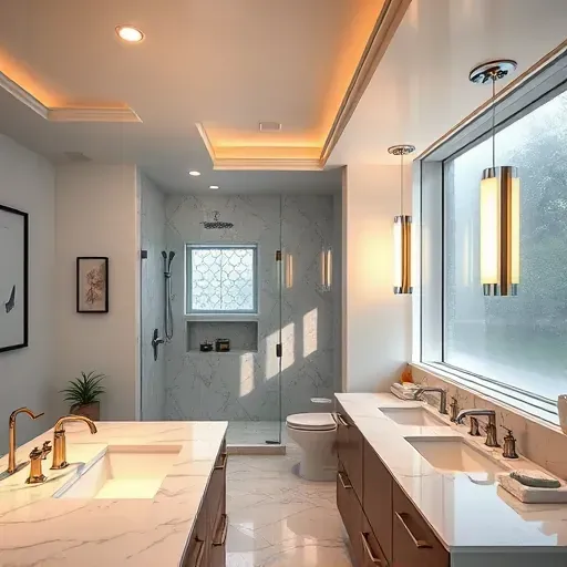 Recently installed modern bathroom lighting fixtures illuminating a spacious, elegant Hampstead NC bathroom with polished surfaces and subtle decor