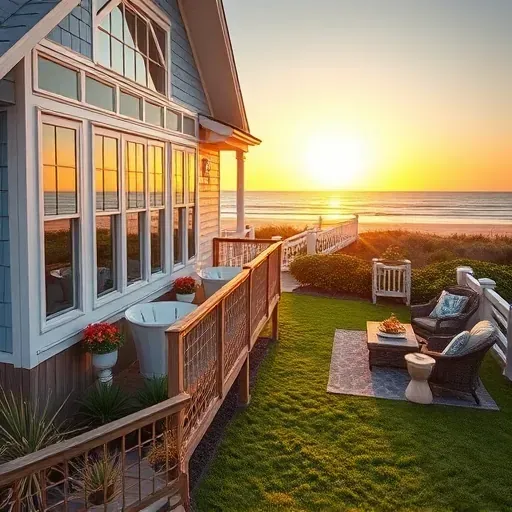 Completed coastal home remodel in North Topsail Beach NC featuring soft blues, large windows, and inviting porch.