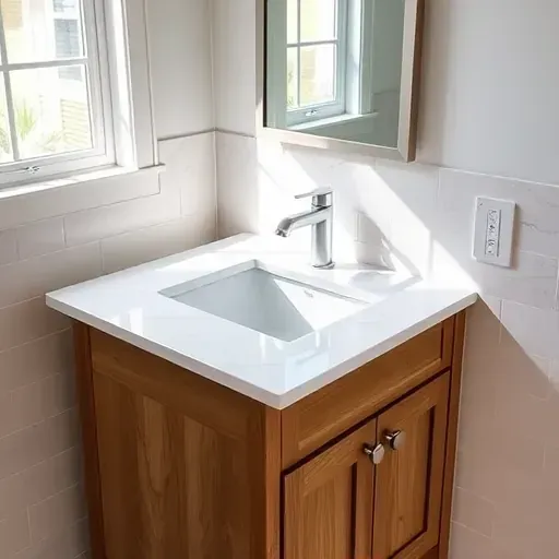 Freshly installed Hampstead NC bathroom vanity with marble countertop, farmhouse cabinet, natural daylight, and elegant tile walls