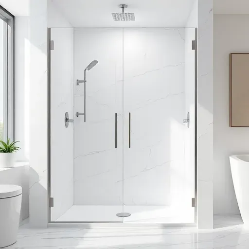Modern bathroom with a sleek shower, glass doors, chrome fixtures, white marble tiles, and natural light.