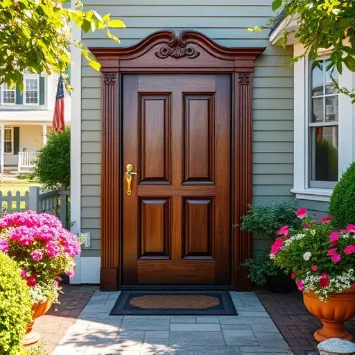 Newly renovated historic Hampstead home front door with intricate wood carvings, brass handle, lush greenery, and blooming flowers
