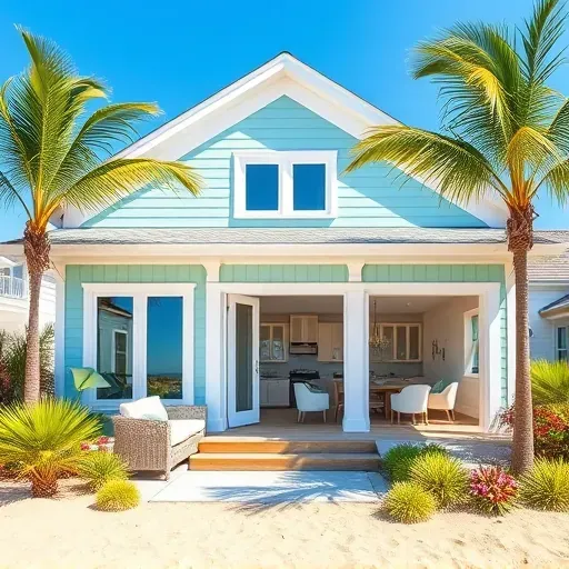 Coastal home remodeling in Carolina Beach, NC features pale blue siding, tropical landscaping, and an inviting porch.