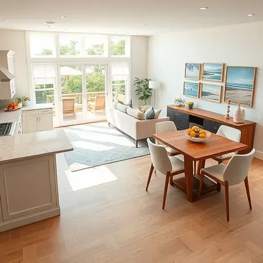 Sunlit open-concept living area in North Topsail Beach NC featuring hardwood floors, modern kitchen, and coastal decor.