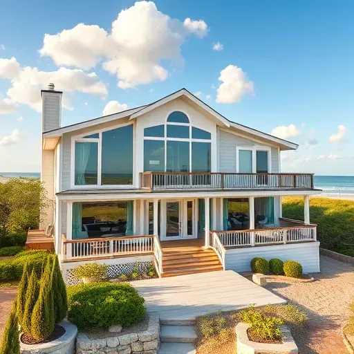 Beautifully renovated beachfront house in Topsail Beach NC features panoramic windows, soft colors, and lush landscaping.