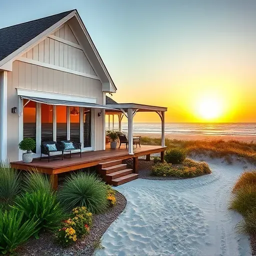 Completed beach house remodel in North Carolina featuring coastal design, panoramic windows, and landscaped gardens.