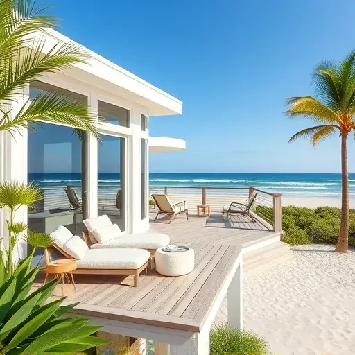 Beachfront home remodeling in North Carolina with contemporary design, large windows, and lush landscaping.