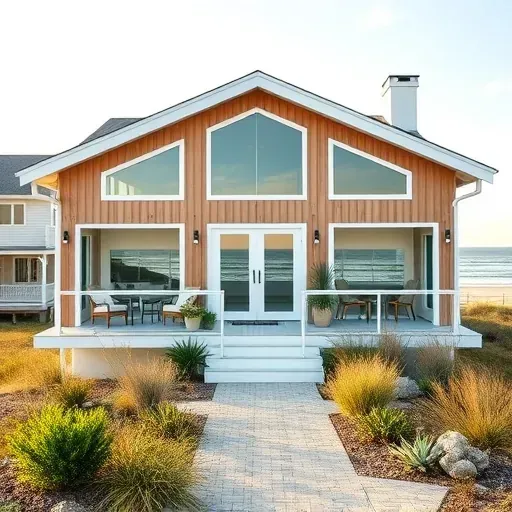 Completed coastal home renovation in North Carolina with light wood, stucco, and panoramic windows near the beach.