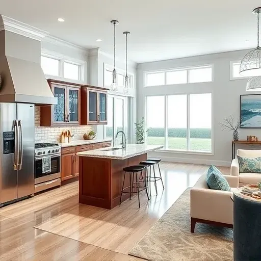 Modern kitchen in Cape Fear NC with stainless steel appliances, marble countertops, and rich wood cabinetry.