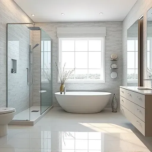 Remodeled bathroom in Hampstead, NC with modern fixtures, walk-in shower, soaking tub, and coastal decor accents.
