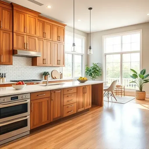 Modern kitchen in Hampstead Hills NC with quartz countertops, stainless appliances, and warm wood cabinetry. Natural light enhances the design.