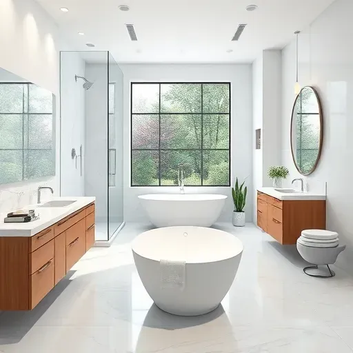 Renovated Hampstead NC bathroom with white marble countertops, frameless glass shower, freestanding tub, wood cabinetry, and natural light