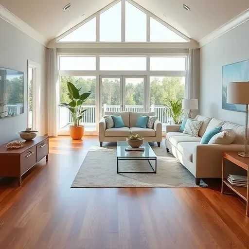 Spacious modern living room in North Topsail Beach with natural light, elegant decor, and serene coastal vibes.