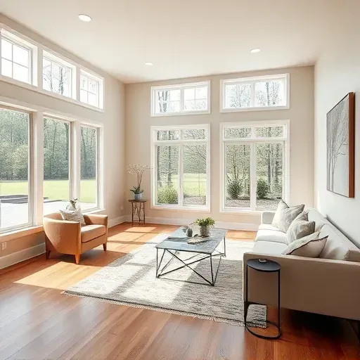 Renovated living room in Hampstead Plantation NC with hardwood floors, large windows, and elegant furnishings.