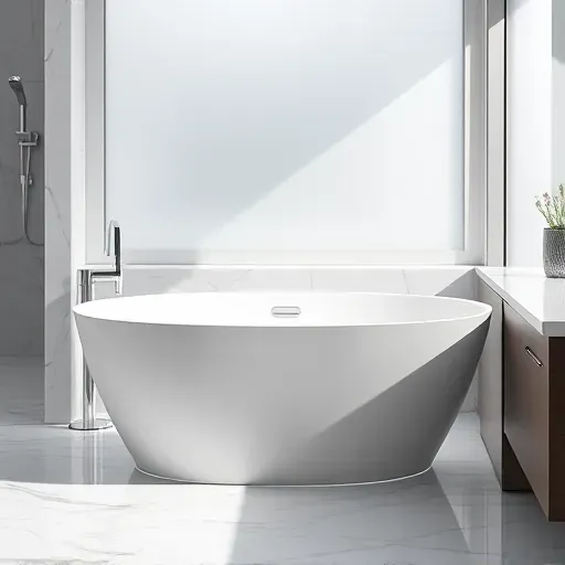 Modern bathroom with sleek white bathtub, chrome fixtures, marble countertops, tiled walls, natural light, and luxurious details