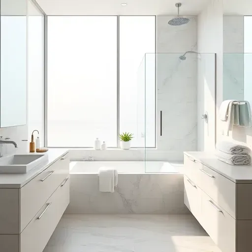Freshly renovated bathroom in Hampstead NC with modern fixtures, luxurious tub, elegant marble, and natural light.