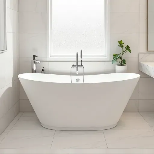 Freshly installed modern white porcelain bathtub with chrome fixtures in a bright Hampstead NC bathroom featuring marble countertops and tiled walls