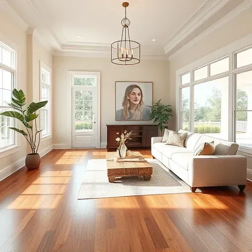 Renovated living room in Hampstead Plantation NC with open floor plan and high-end wooden flooring and modern decor