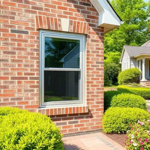 Finished modern double-glazed window with brushed aluminum frame installed on brick wall in Hampstead NC, surrounded by a landscaped garden