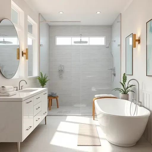 Beautiful renovated Hampstead bathroom with marble vanity, walk-in shower, freestanding tub, natural light, neutral tones