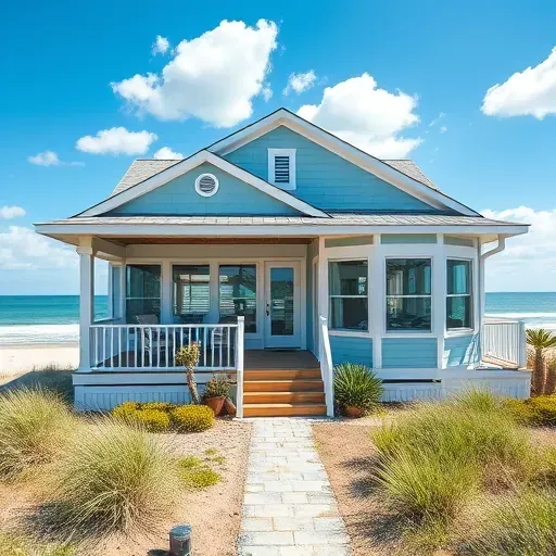Coastal-inspired home remodeling in Wrightsville Beach NC features blue and white accents and inviting porch seating.