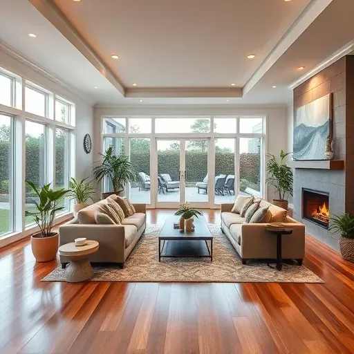 Modern Cape Fear living room with elegant furnishings, panoramic windows, natural light, and a cozy fireplace.