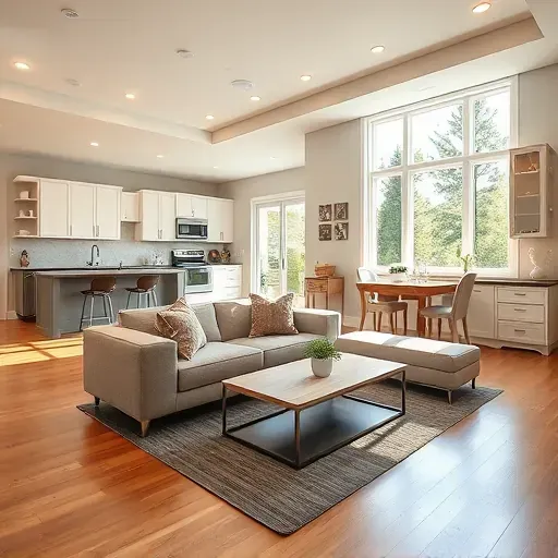 Modern living room in Ogden, NC, showcasing open floor plan, elegant lighting, hardwood floors, and stylish decor.