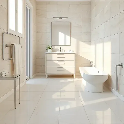 Finished Hampstead NC bathroom with glossy neutral ceramic tiles, polished grout lines, modern vanity, and subtle coastal accents