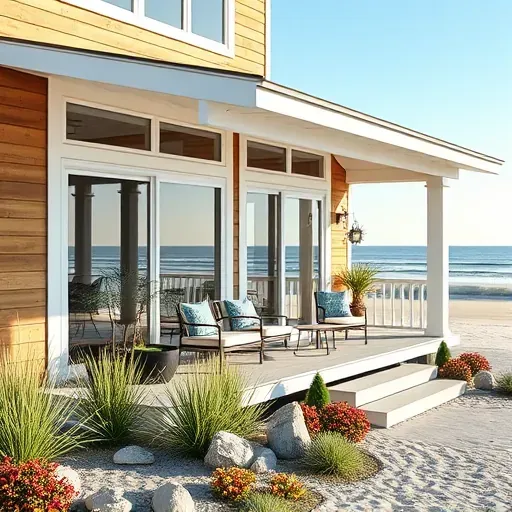 Completed coastal home renovation in North Topsail Beach NC features natural wood siding, white trim, and inviting porch.
