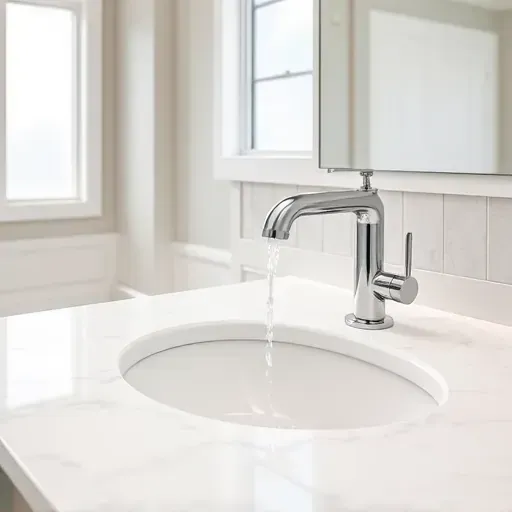 Modern chrome bathroom faucet on white marble countertop with flowing water and neutral mosaic tiles in a elegant, well-lit Hampstead NC bathroom