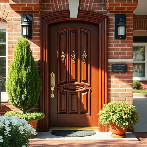 Completed dark mahogany front door with intricate carvings, brass handle, brick façade, lush greenery, and landscaped yard