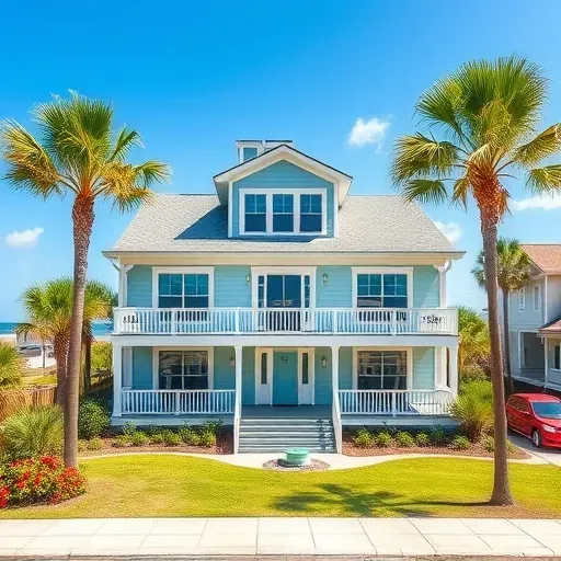 Completed home renovation in Kure Beach NC with coastal aesthetic, modern porch, large windows, and vibrant landscaping.