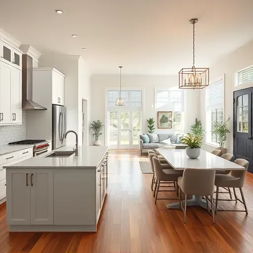Modern kitchen remodel in Hampstead Park NC featuring sleek cabinetry, quartz countertops, airy living space, and natural light.
