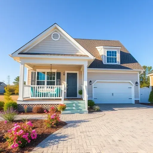 Beautifully remodeled home in Navassa NC with inviting porch, colorful garden, and charming stone paver driveway.