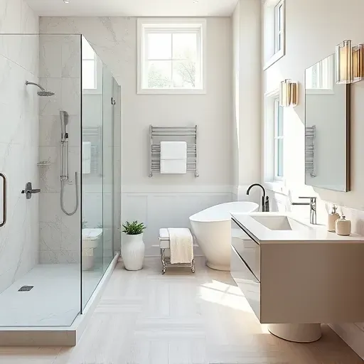 Renovated Hampstead North Carolina bathroom with walk-in shower, soaking tub, quartz vanity, marble tiles and natural light