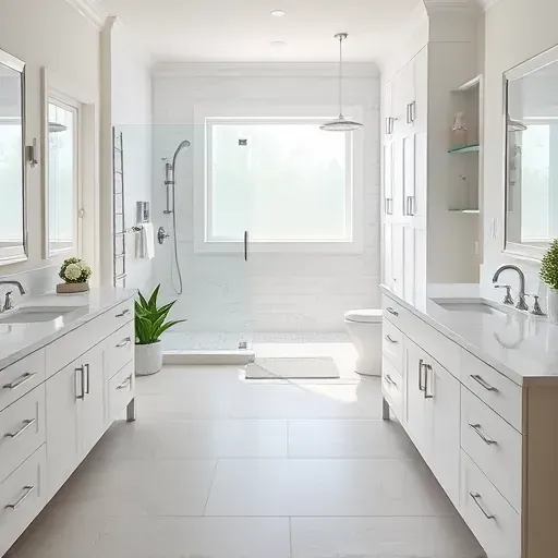 Remodeled bathroom in Hampstead NC with modern fixtures, walk-in shower, marble countertops, and natural lighting.