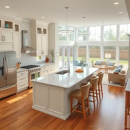Spacious modern kitchen in Surf City NC with high-end appliances, granite island, and coastal decor enhancing elegance.