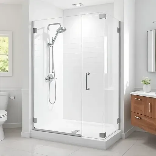Renovated Hampstead NC shower with white ceramic tiles chrome fixtures clear glass and natural light in a modern bathroom