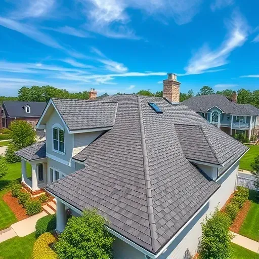 Close-up of a modern Hampstead NC home roof with detailed asphalt shingles, skylights, lush landscaping, and blue sky