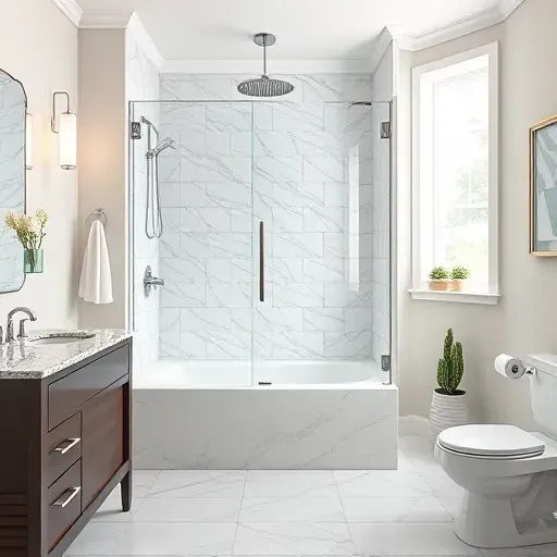 Recently completed tub-to-shower conversion in Hampstead NC with glass doors polished chrome fixtures and marble-look tiles