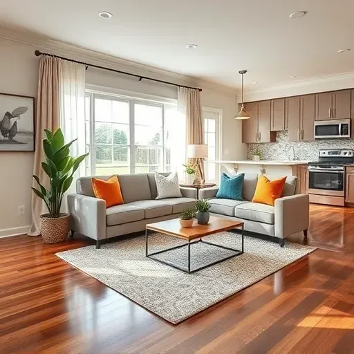 Renovated living room in Hampstead NC with hardwood floors, large windows, neutral sofa, and modern decor elements.
