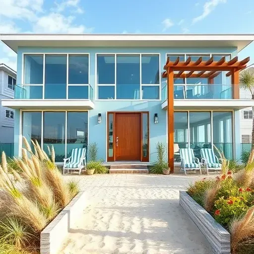 Completed beach house remodeling in North Carolina with glass windows, blue facade, and vibrant landscaping.