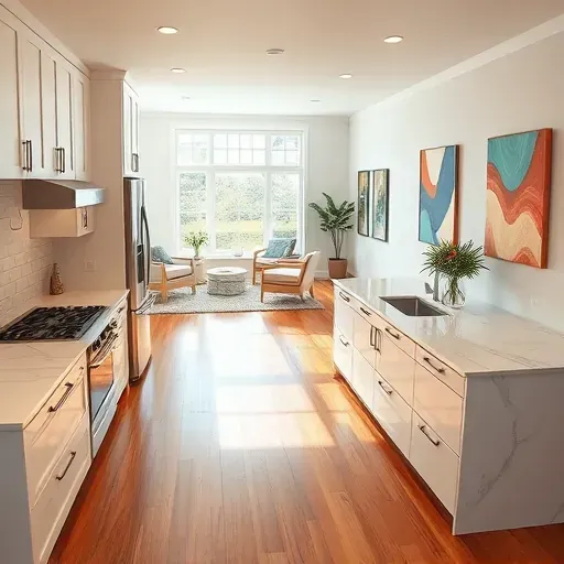 Modern kitchen in Castle Hayne NC features sleek cabinetry, marble countertops, and bright natural light enhancing design.